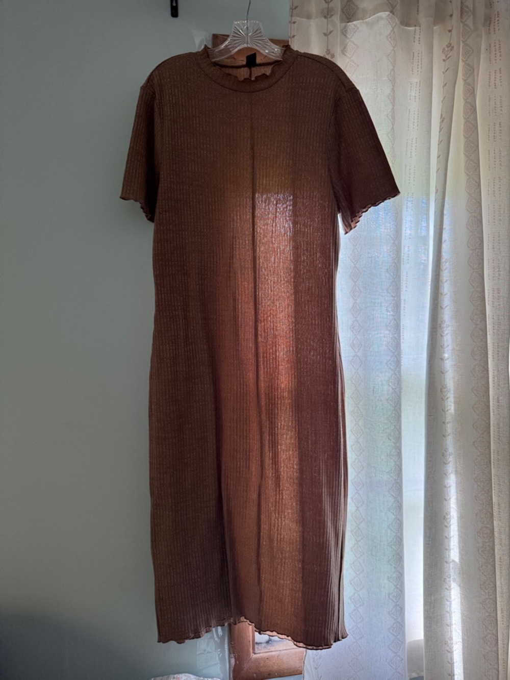 SHEIN Curve Brown Ribbed Knit Lettuce Edge Midi Dress